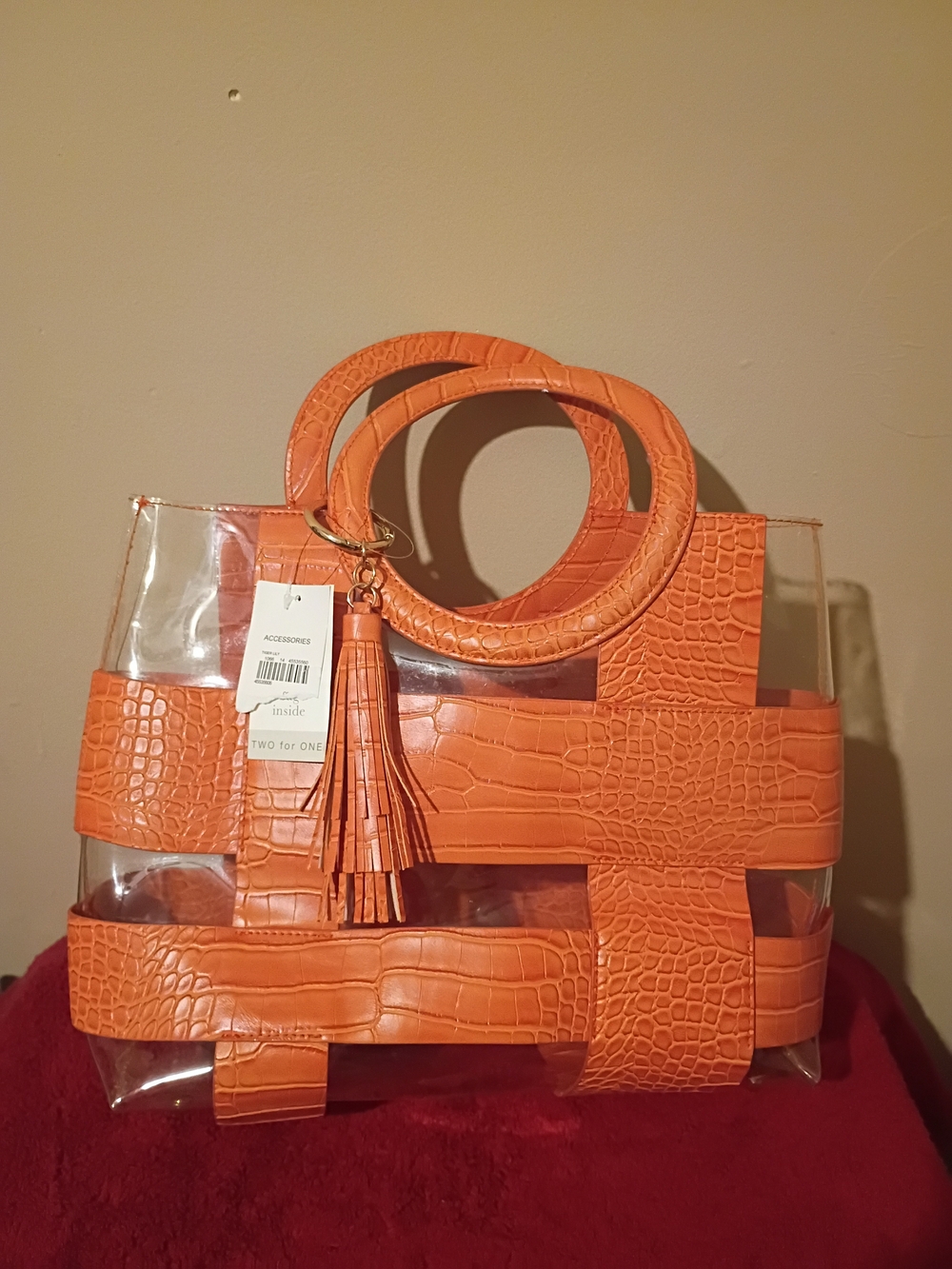 Cato Orange Croc-Embossed Clear Panel Tote with Tassel